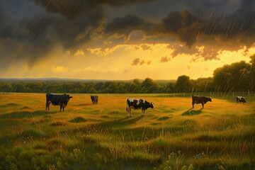 summer evening rain field grazing cows