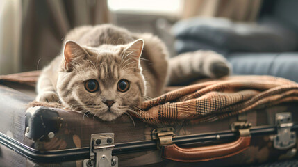Scottish fold cat lying in suitcase at home