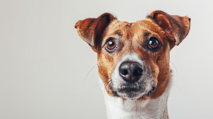 Expressive jack russel with begging eyes, large, expressive eyes looking up, displaying a heartwarming and pleading face, capturing attention with its gaze - obrazy, fototapety, plakaty