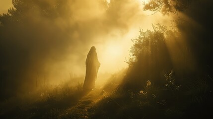 A spiritual concept of Jesus Christ's resurrection, captured in a serene and ethereal setting.