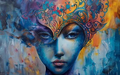 Acrylic and oil painting on canvas, fantasy woman portrait