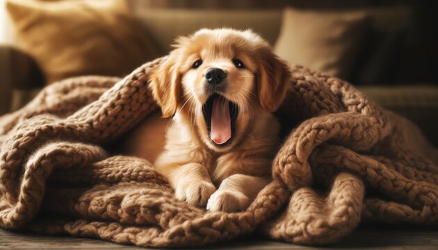 A golden retriever puppy yawning, lying on a cozy blanket.