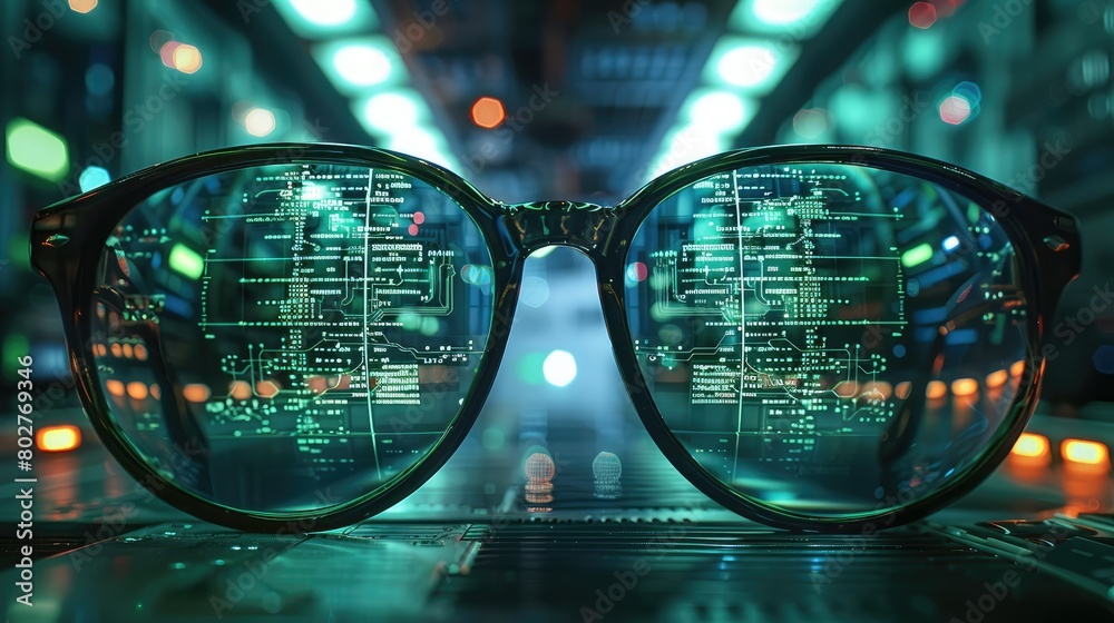 Leinwandbilder a pair of glasses with circuitry and data flowing through them, reflecting in the lenses. the backgr