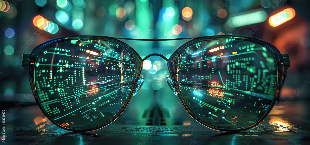 Poster A pair of glasses with circuitry and data flowing through them, reflecting in the lenses. The background is a dark green with neon lights. There is an array of computer equipment. Generative AI.