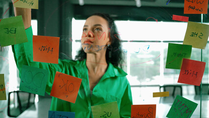 Portrait of smart professional hispanic businesswoman writes marketing ideas on glass board with...