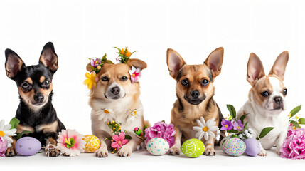 Set of adorable dogs with Easter eggs flowers and bunny