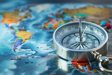 A compass with multiple needles pointing towards different world locations on a map, signifying global marketing reach. - Powered by Adobe