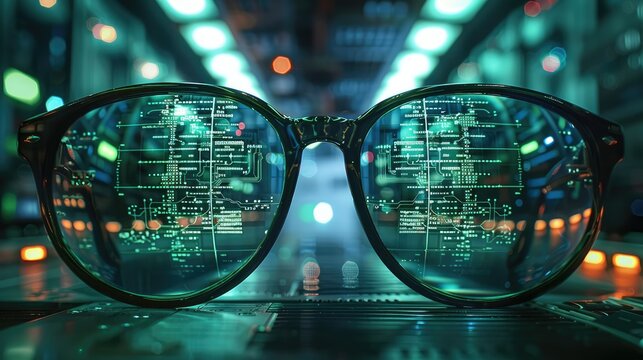 A pair of glasses with circuitry and data flowing through them, reflecting in the lenses. The background is a dark green with neon lights. There is an array of computer equipment. Generative AI. - Powered by Adobe
