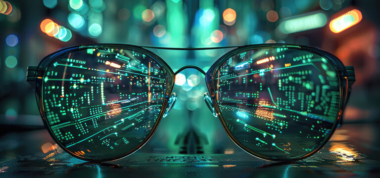A pair of glasses with circuitry and data flowing through them, reflecting in the lenses. The background is a dark green with neon lights. There is an array of computer equipment. Generative AI. - Powered by Adobe
