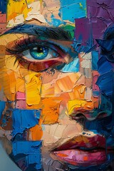 Abstract painting,  Woman's face close up,  Multicolored oil painting