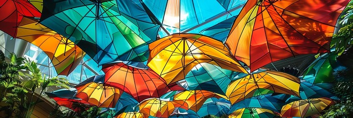 colorful umbrellas of various sizes and shapes hang from the ceiling of a building