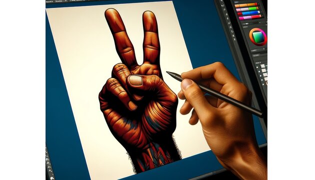 A digital illustration of hands making the peace sign gesture.