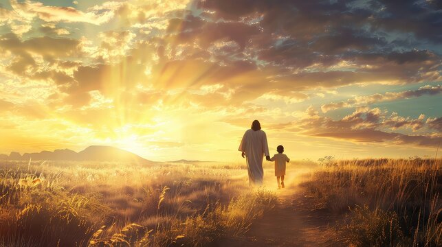 An uplifting image of Jesus Christ and a child walking together towards a bright horizon. 