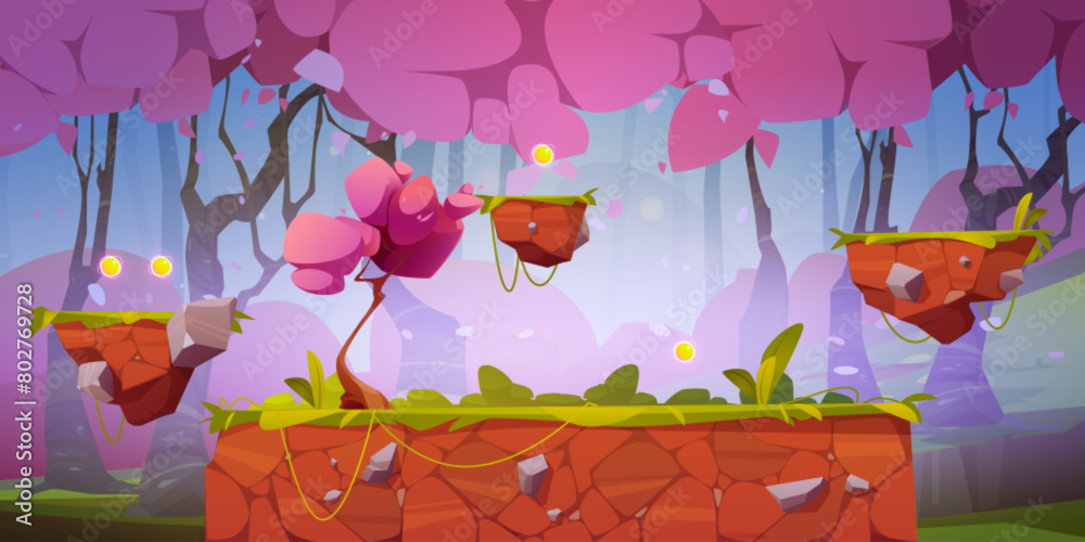Wall mural pink forest game background with floating platforms. vector cartoon illustration of sakura trees wit