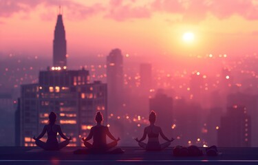 Three women practicing meditation or yoga on the top floor of a building facing the city during morning sunrise. A back view of three women practicing yoga or meditation.
