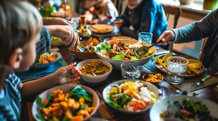 A family enjoying a cozy dinner at home, passing around bowls of lamb razala curry and sharing stories around the table.