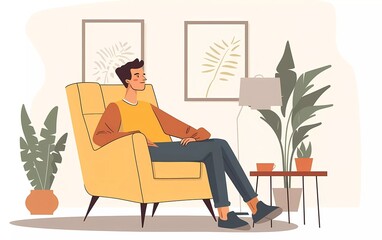 Relaxed man sitting in the living room. Vector illustration