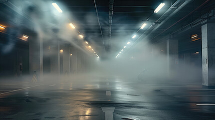 Naklejka premium Empty parking garage, smoke and dust in the air, low light, dark background. Generative AI.