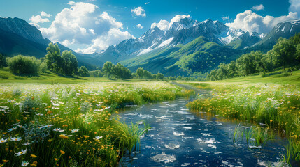 Harmonious nature: an idyllic stream through lush meadows