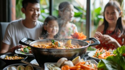 A family enjoying a homemade Thai dinner with a steaming pot of Tom Yum Goong soup as the centerpiece, bringing warmth and comfort to the table.