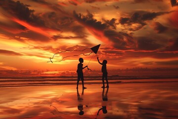 Children launch a flying kite at sunset