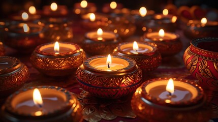 Burning candles for Diwali celebration. Traditional diya lamps lit on the table.