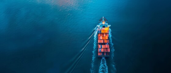Aerial top view container ship with beautiful dock and blue of the ocean wave pattern for logistics