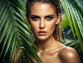 beautiful girl in palm leaves. Beautiful young wet woman with Make-up. Tropical Rain