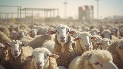 Group of sheep at the animal market looks at the camera.