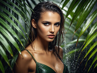 Sexy girl in palm leaves under Tropical Rain. Beautiful young wet woman with Make-up