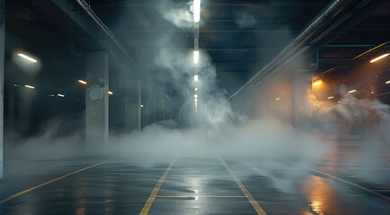 Naklejka premium Empty parking garage, smoke and dust in the air, low light, dark background. Generative AI.