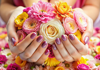 female hands with many flowers. spring colorful photo