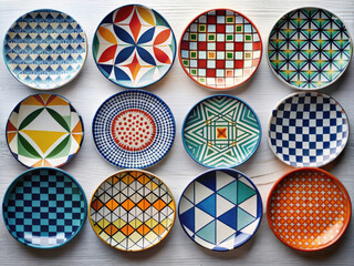 plates with beautiful patterns on wooden wall. different painted plates collection