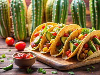 still life of Cinco de Maya. Mexican tradition food. fresh delicious tacos on a board. cactus around