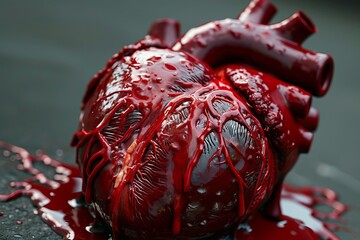 A human heart covered in blood. Suitable for medical