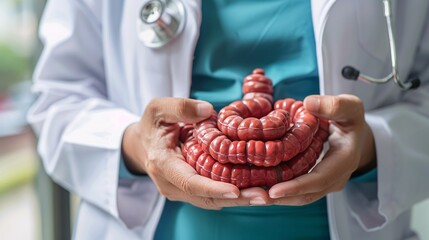 A physician examining a model of the human colon, highlighting conditions such as colorectal cancer and digestive health.