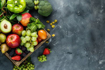 Healthy eating concept banner featuring fruits and vegetables. With copy space
