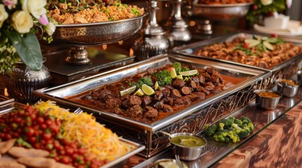 A festive celebration with a table laden with trays of fragrant lamb and vegetable razala, inviting...