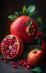 Closeup photo of pomegranate with water drops.