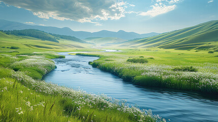 A serene countryside scene with rolling hills and a meandering river, inviting exploration. Generative AI.