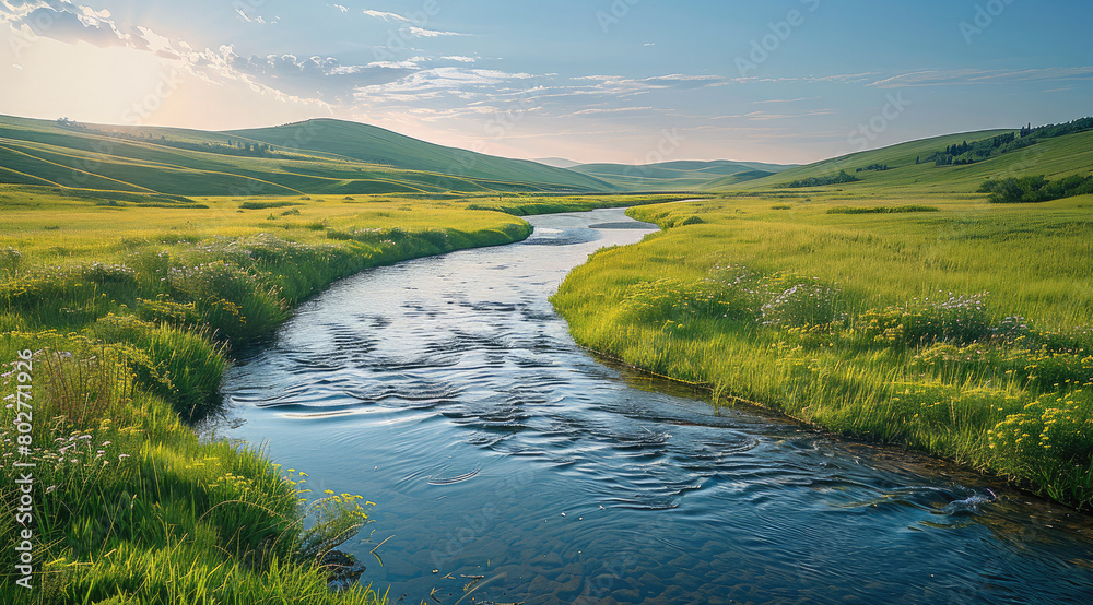 Poster a serene countryside scene with rolling hills and a meandering river, inviting exploration. generati