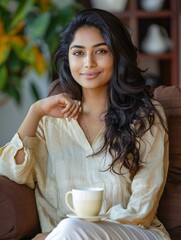 A charming Indian lady relaxing in a comfortable chair with a hot drink, savoring a carefree and tranquil weekend morning in a contemporary living space.