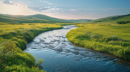 A serene countryside scene with rolling hills and a meandering river, inviting exploration. Generative AI.