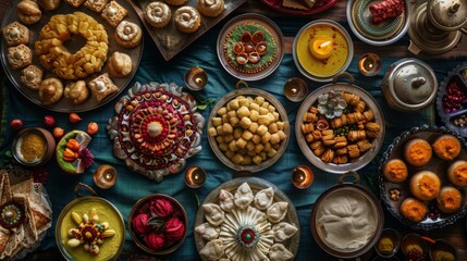 A festive Diwali celebration, with a table overflowing with traditional Indian sweets and savory snacks.