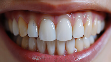 open mouth with teeth with yellow plaque close-up