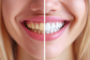 female open mouth with a smile with healthy white teeth before and after dental whitening close-up