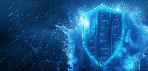 A neon blue firewall, shaped like a shield, protecting a cluster of data servers against a background of digital storms, illustrating active defense mechanisms. 32k, full ultra hd, high resolution