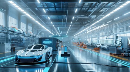 A futuristic factory environment with advanced robotics and 3D printing technology used in EV manufacturing.