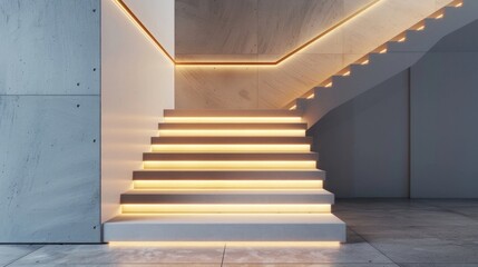 Illuminated staircase with wooden steps and illuminated at night in the interior of a large house