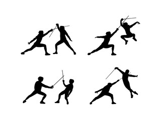 Set of Fencing Player Silhouette in various poses isolated on white background